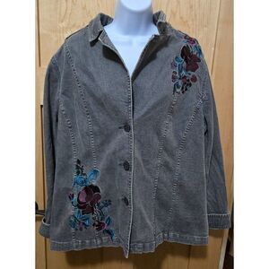 Vintage Inspired Denim Jacket With Floral Embroidery & Button Closure